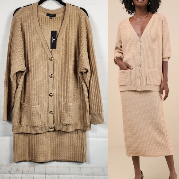 Lulus Toasty Sophistication Two-Piece Oversized Cardi Sweater Midi Skirt Tan M - Picture 1 of 15